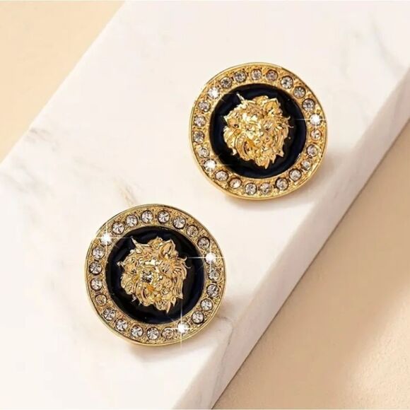 GoldāBlackāLionāHeadāCharmāPendantāStudāEarrings - Picture 1 of 5